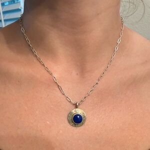 Silver Chain Necklace with Blue Pendant